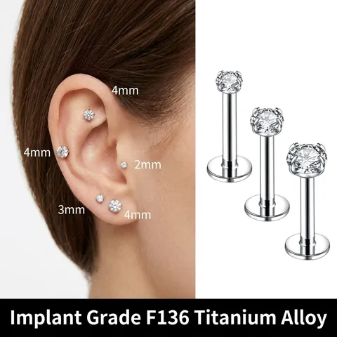 Titanium Alloy Rhinestone Stud Earrings Flat Back Cartilage Piercing Stud Earring Geometric Round Labret Body Jewelry For Unisex