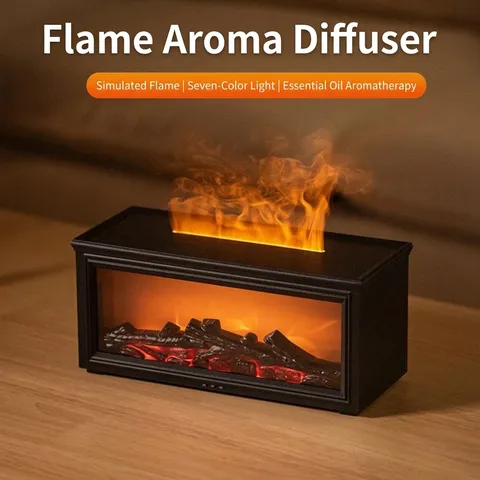 Vintage Fireplace Aroma Diffuser 3D Simulation Flame Humidifier Silent Essential Oil Mist Maker Seven Color Night Light Desktop Air Humidifier USB Remote Control Type C Electronic Mist Fountain Home Office Decor