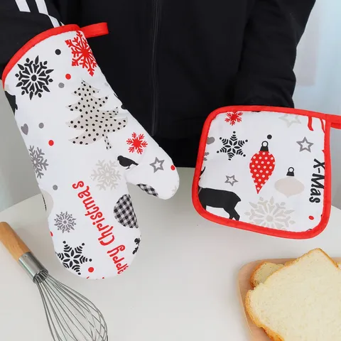 Set Guanto da Forno e Presina di Natalizio Tela Resistente al Calore Ispessito Cucina Cottura Guanti Decorazione Festiva