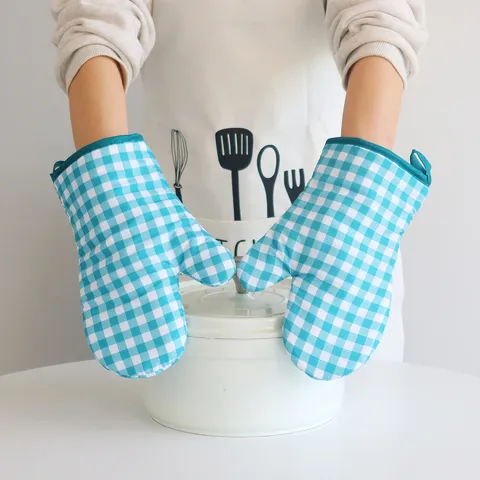 Guanti Isolanti da Cucina Ispessiti Quadri Blu Guanti da Forno Resistenti al Calore per Cottura Forno a Microonde Stile Moderno Minimalista