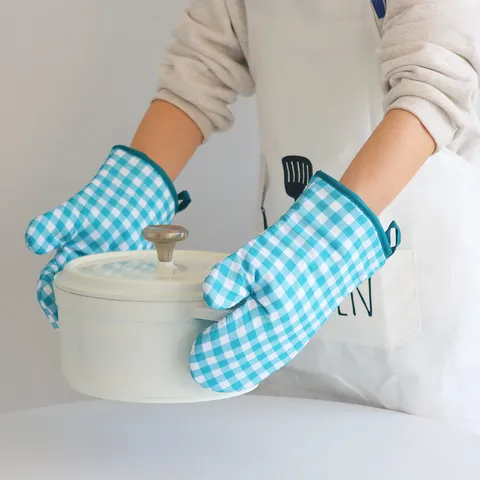 Guanti Isolanti da Cucina Ispessiti Quadri Blu Guanti da Forno Resistenti al Calore per Cottura Forno a Microonde Stile Moderno Minimalista