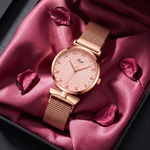 Reloj de Cuarzo para Mujer Moda Esfera de Girasol Correa de Malla Milanesa Magnética Lazo Reloj Elegante de Aleación Regalo