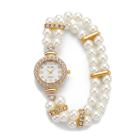 Reloj de Cuarzo de Moda para Mujer Correa de Cuentas Elástica de Perla Artificial Esfera de Strass Reloj Casual de Lujo