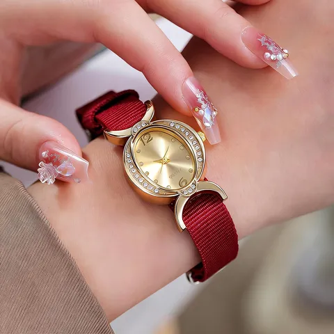 Reloj de Cuarzo de Moda para Mujer Esfera Ovalada de Strass Correa de Lona de Nailon Reloj Casual