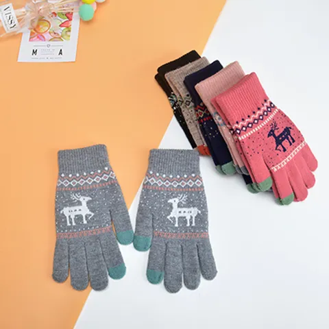 Gants Tricotés Tactiles Chauds d'Hiver Avec Motifs de Cerf et Flocon de Neige Gants Thermiques Doublés de Peluche Épaisse