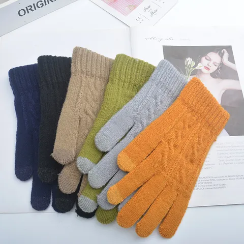 Gants Tactiles Chauds d'Hiver pour Femmes Mignons Jacquard Maille Tressée Épaissis Doublés Polaire Cinq Doigts