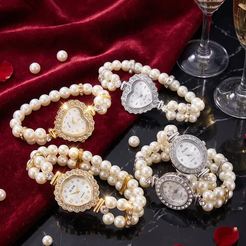 Reloj de Cuarzo de Moda para Mujer Correa de Cuentas Elástica de Perla Artificial Esfera de Strass Reloj Casual de Lujo