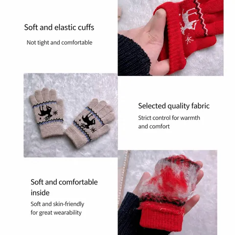 Gants Tricotes Chauds Hiver Enfants Motif Cerf Dessin Anime Doubles Polaire Epais Thermiques Cinq Doigts Garcons Filles