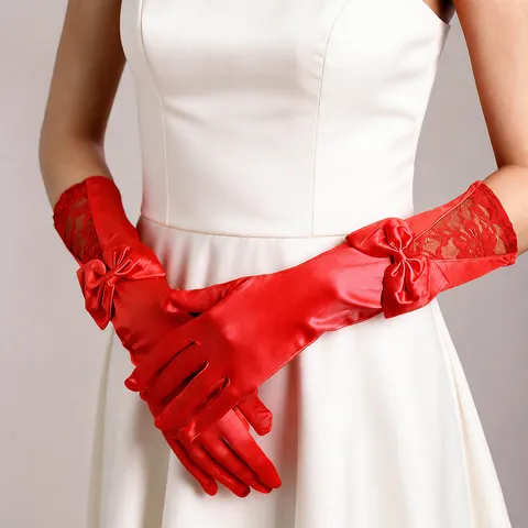 Elegant Long Satin Bow Lace Wedding Gloves Bridal Evening Party Formal Retro Dress Accessories For Women