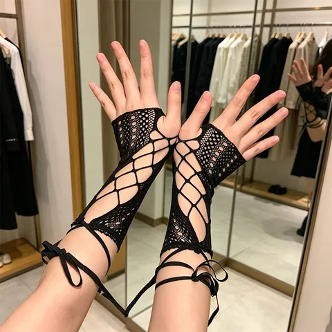 Y2K Hollow Out Mesh Lace Up Arm Sleeves Fingerless Gloves Women Summer Sunscreen Lolita Cosplay Party Fashion Accessories