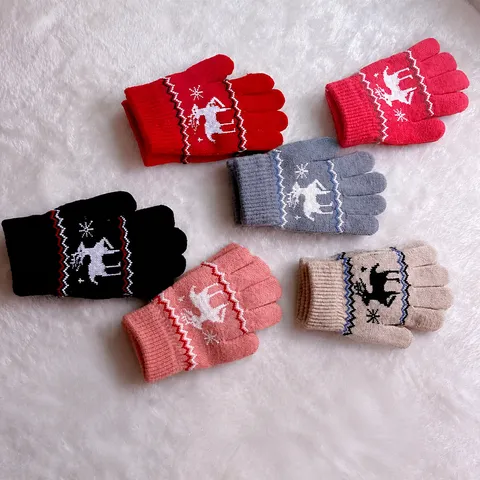 Gants Tricotes Chauds Hiver Enfants Motif Cerf Dessin Anime Doubles Polaire Epais Thermiques Cinq Doigts Garcons Filles