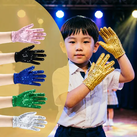 Kids Sequin Performance Gloves Stretch Five-Finger Stage Dance Gloves Party Dress Up Costume Accessories