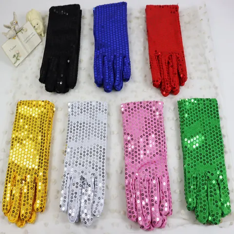 Gants de Performance Paillettes Brillantes Gants de Scène de Fête de Danse Spandex Coloré pour Enfants et Adultes