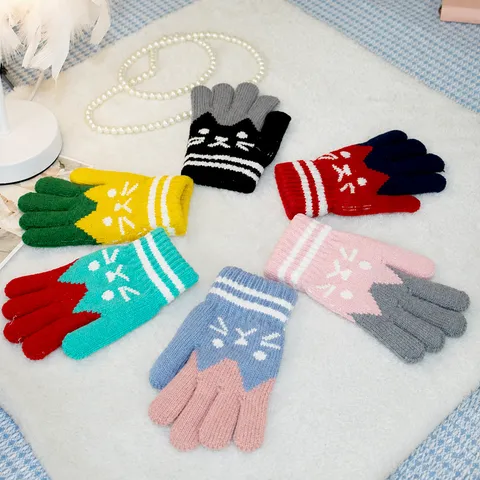 Gants Tricotés Épaissis Chauds d'Hiver pour Enfants Motif Chat Mignon Couleur Contrastée Gants à Cinq Doigts pour Enfants