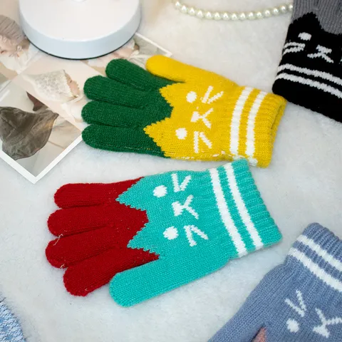 Gants Tricotés Épaissis Chauds d'Hiver pour Enfants Motif Chat Mignon Couleur Contrastée Gants à Cinq Doigts pour Enfants