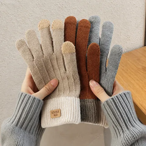Gants Tricotés Tactiles Chauds d'Hiver Velours d'Alpaga Gants Thermiques Coup-Vent Unisexe Mode Gants de Conduite Extérieurs