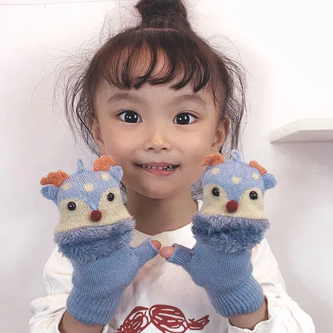 Enfants Hiver Chaud Tricoté Gants Mignon Cartoon Petit Cerf Design Demi-Doigt Couverture Rabat Épaissi Thermique Mitaines Enfants