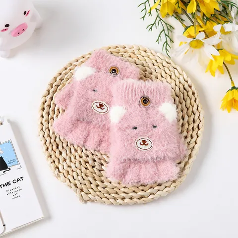 Gants Rabattables à Demi-Doigts en Tricot Motif Ours Mignon pour Enfants Mitaines d'Hiver Chaudes et Épaisses Convertibles