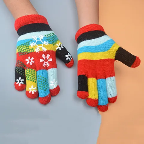 Kids Winter Thickened Warm Knitted Gloves Cute Snowflake Pattern Full Finger Five Finger Gloves For Students Children Daily Wear