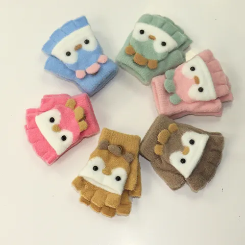 Gants Tricotés Demi-Doigts à Rabat pour Enfants Hiver Chaud Mignon Animal de Dessin Animé Gants d'Écriture pour Enfants