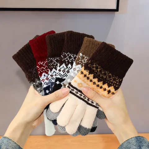 Gants Tactiles Tricotés Chauds d'Hiver Femmes Hommes Thermiques Coupe-vent Jacquard Extensible Mitaines Gants de Sport en Plein Air