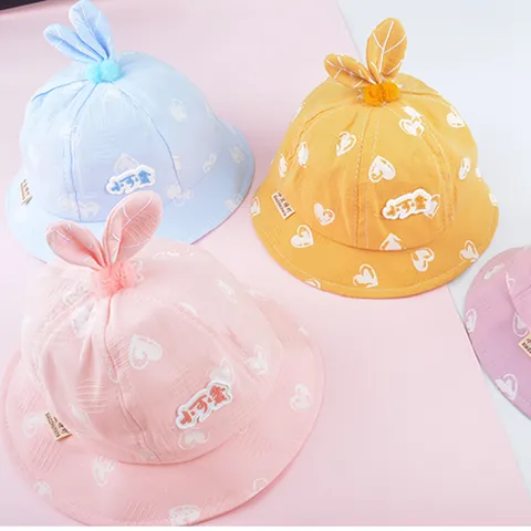 Cute Baby Fisherman Hat Infant Sun Protection Bucket Hat With Bunny Ears Heart Print Spring Autumn Toddler Kids Hat
