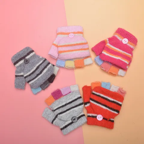Gants Tricotés Chauds d'Hiver pour Enfants Mignons Rayés de Dessin Animé Gants à Rabat Demi-Doigt Gants de Quotidien pour Tout-Petits