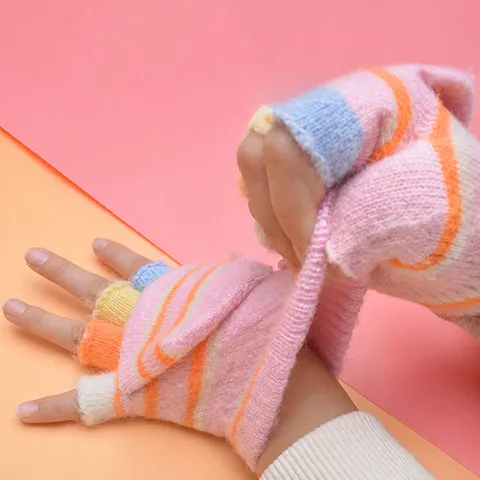 Gants Tricotés Chauds d'Hiver pour Enfants Mignons Rayés de Dessin Animé Gants à Rabat Demi-Doigt Gants de Quotidien pour Tout-Petits