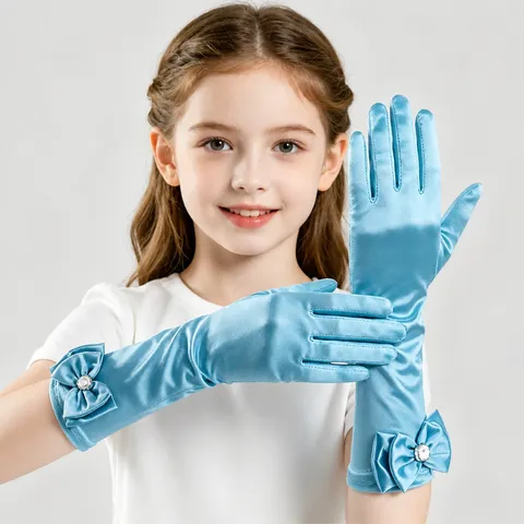 Enfants Longs Gants en Satin Nœud Strass Princesse Performance Gants Fête Enfants Déguisement Accessoires de Costume