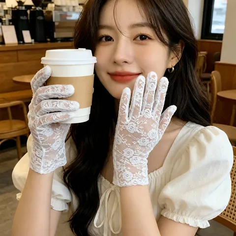 Women Summer Lace Sun Protection Gloves Elegant Tea Party Bridal Mesh Full Finger Gloves