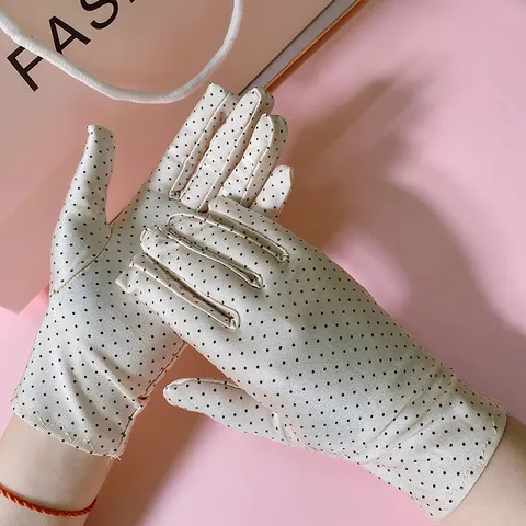 Gants de Protection Solaire Fins d'Été pour Femmes en Soie Glacée Respirants Élastiques à Pois Conduite Cyclisme Taille Unique