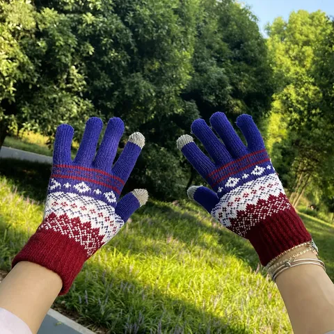 Gants de Tricot Tactiles d'Hiver pour Femmes Hommes Jacquard Géométrique Colorblock Gants Chauds Thermiques Extensibles Cyclisme en Plein Air