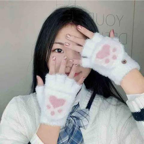 Gants en Fourrure de Vison Chauds d'Hiver pour Femmes Mignons Gants Demi-Doigts à Rabat Griffe de Chat Gants en Tricot Doux Quotidiens