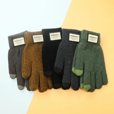Gants Tactiles en Tricot Chaud d'Hiver Épais Doublés en Polaire Coupe-vent Gants de Cyclisme Minimaliste Couleur Unie Acrylique