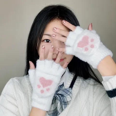 Gants en Fourrure de Vison Chauds d'Hiver pour Femmes Mignons Gants Demi-Doigts à Rabat Griffe de Chat Gants en Tricot Doux Quotidiens