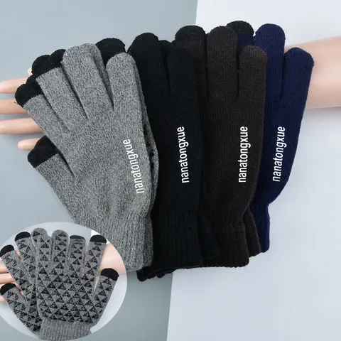 Gants Tricotés Tactiles Chauds d'Hiver pour Hommes Thermiques Épaissis Antidérapants Cinq Doigts Cyclisme Extérieur