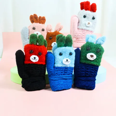 Mitaines Tricotées Chaudes d'Hiver pour Enfants Mignons Dessins Animés Animaux Doublées en Polaire Épaissies Gants Suspendus au Cou pour Garçons et Filles