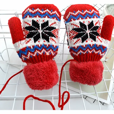 Kids Winter Warm Knit Gloves Cute Snowflake Geometric Pattern Plush Cuff With Hanging Neck Rope Children Mittens