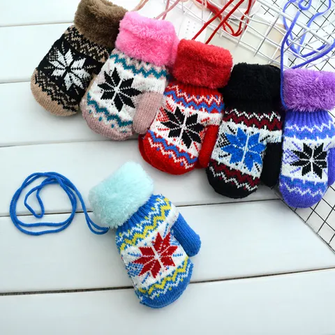 Kids Winter Warm Knit Gloves Cute Snowflake Geometric Pattern Plush Cuff With Hanging Neck Rope Children Mittens