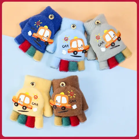 Gants Tricotés Chauds d'Hiver pour Enfants Motif de Voiture Cartoon Mitaines Rabattables Demi-Doigt Pour Garçons Extérieur