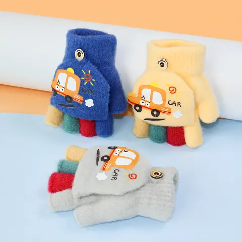 Gants Tricotés Chauds d'Hiver pour Enfants Motif de Voiture Cartoon Mitaines Rabattables Demi-Doigt Pour Garçons Extérieur