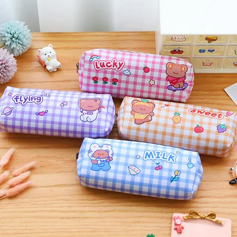 Large Capacity Pencil Pouch Waterproof PU Leather Cute Cartoon Bear Plaid Pencil Case Multifunctional Stationery Organizer