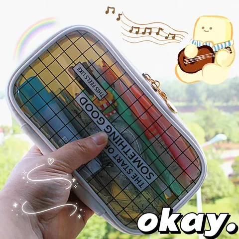 Transparent Mesh Pencil Case Cute Korean Stationery Bag PU Leather Zipper Pencil Pouch For Students School Office