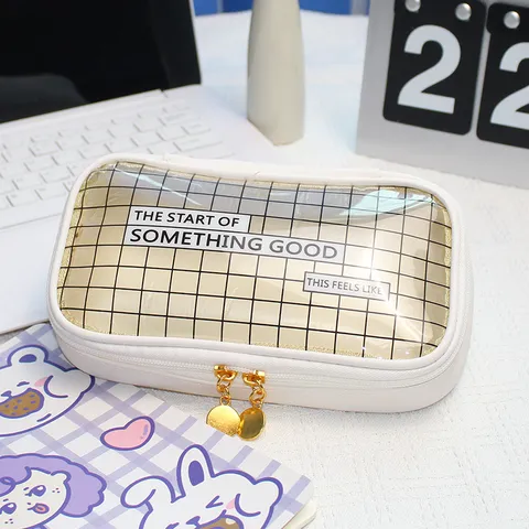 Transparent Mesh Pencil Case Cute Korean Stationery Bag PU Leather Zipper Pencil Pouch For Students School Office