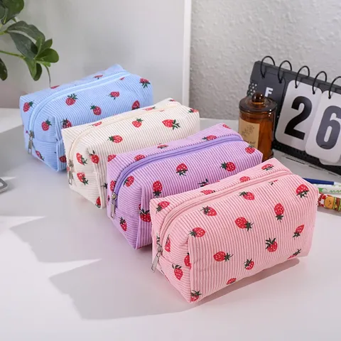 Corduroy Strawberry Cosmetic Bag Large Capacity Portable Travel Toiletry Pouch Cute Makeup Organizer Bag For Women Girls