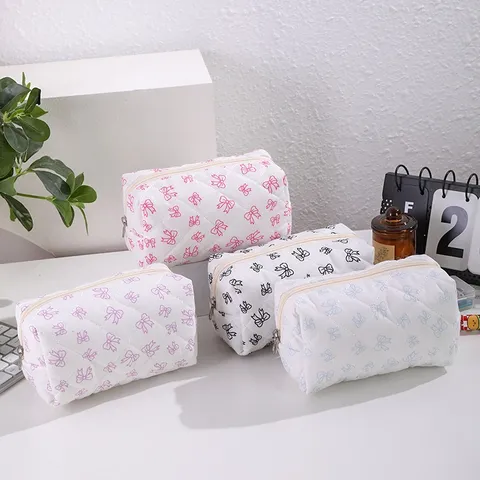 Quilted Bowknot Cosmetic Bag Large Capacity Portable Storage Pouch Makeup Organizer Bag
