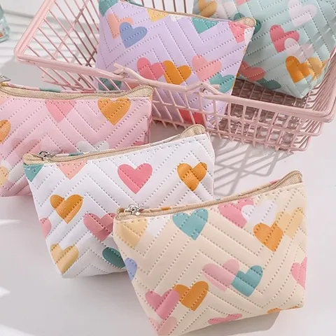 Cute Heart Pattern Quilted Leather Coin Purse Portable Mini Card Holder Makeup Pouch Small Wallet For Women Daily Storage Bag