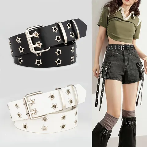 Y2K Punk Style Women's Faux Leather Belt Double Prong Buckle Star Hollow Out Retro American Chic Waist Belt For Jeans
