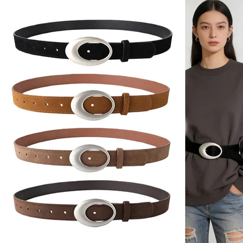 Women's Vintage Oval Metal Buckle Faux Leather Belt Casual Leopard Solid Color Fashion Jeans Waist Belt Accessory