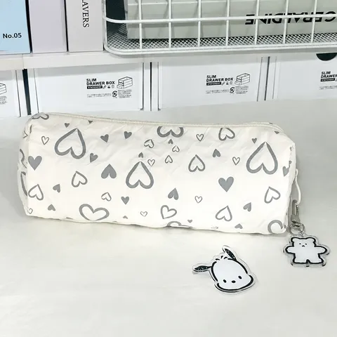 Ins Style Heart Quilted Pencil Case Large Capacity Soft Fabric Stationery Pouch For Students School Office